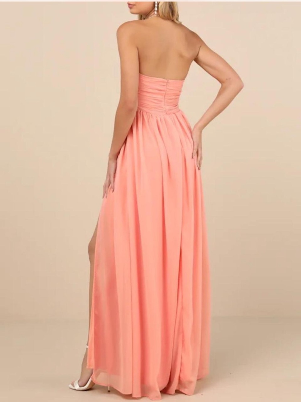 Lulus Luxe Favorite Peach Pink Strapless Ruched Maxi Dress - Picture 2 of 4